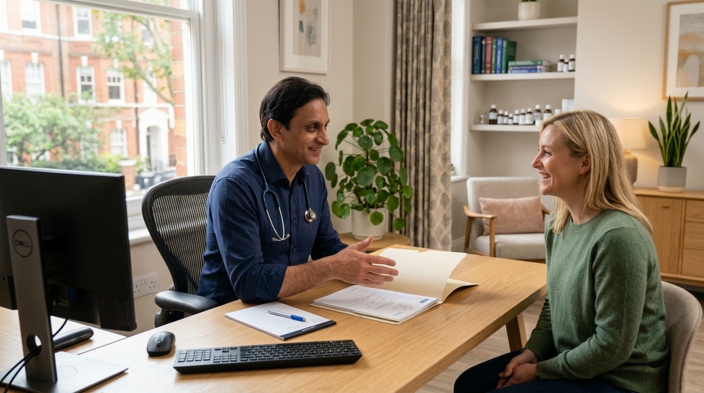 Dr. Asim Muhammad consulting with patient in modern London clinic